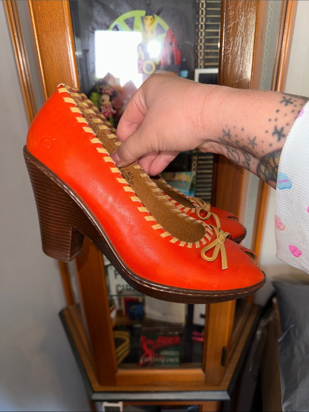 Born Women's Bright Orange Leather Block Heel Pumps with Contrast Trim